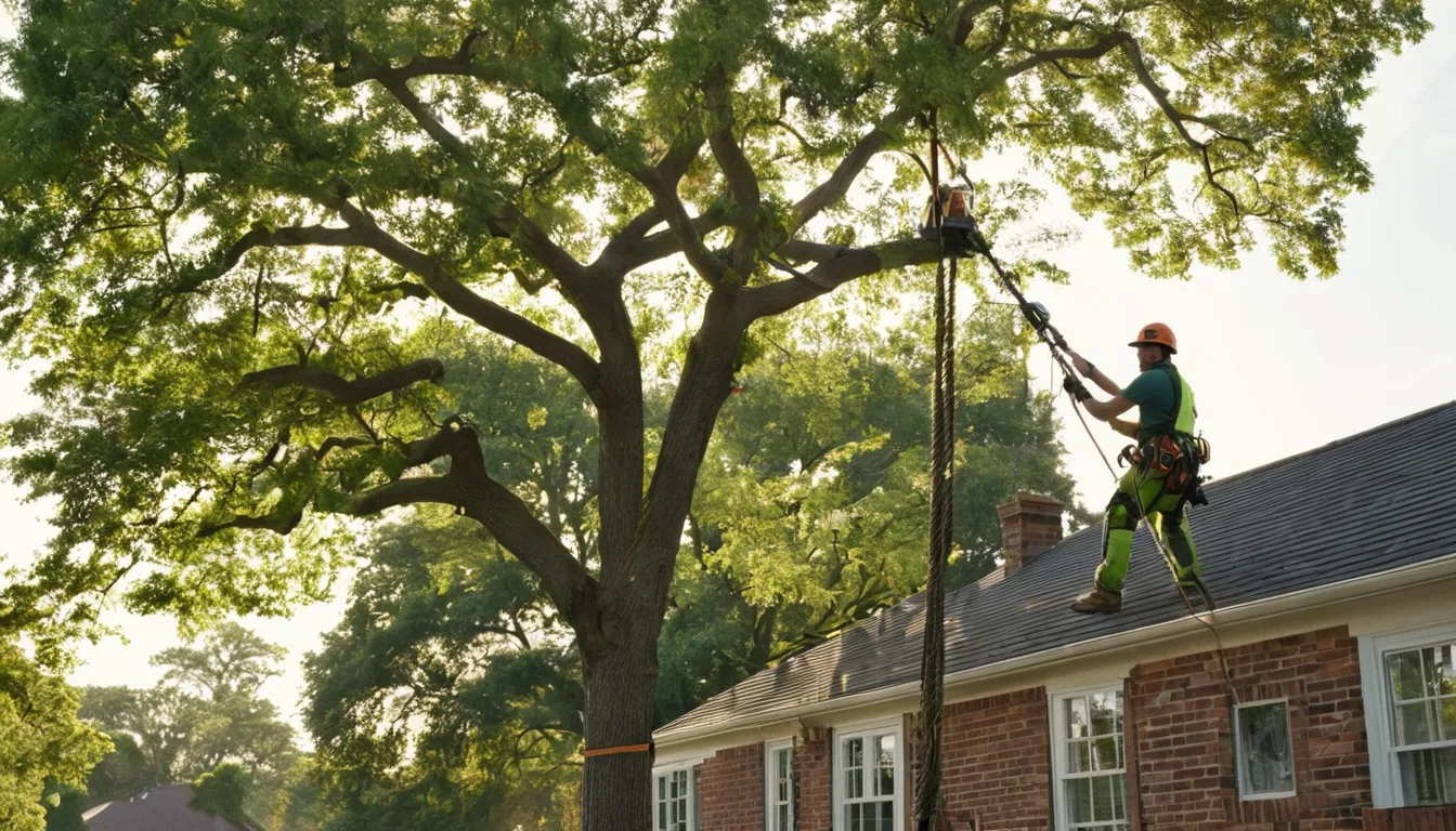Tree removal provider cutting a large oak in sections beside a house in Conyers